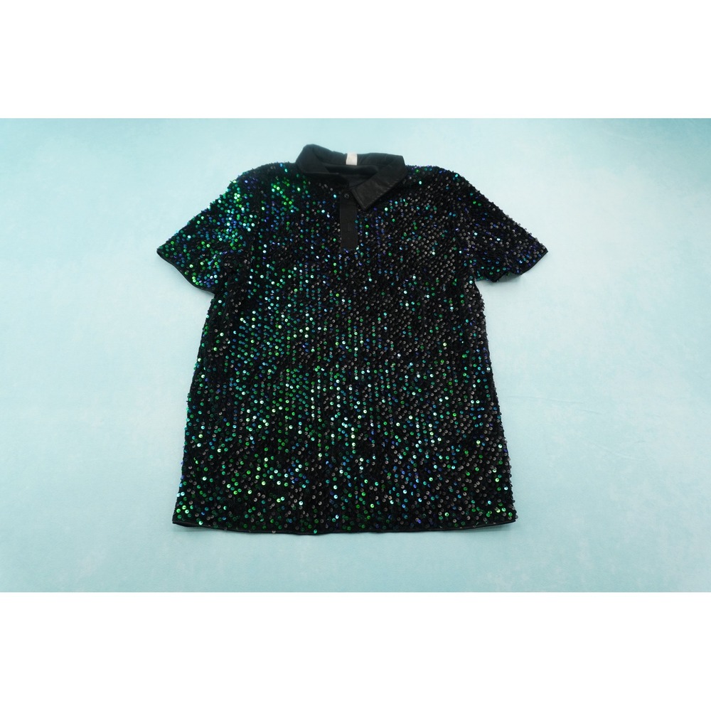 WDIRARA Mens Sequin Polo Shirt S Green Blue Sparkly Short Sleeve Party Disco